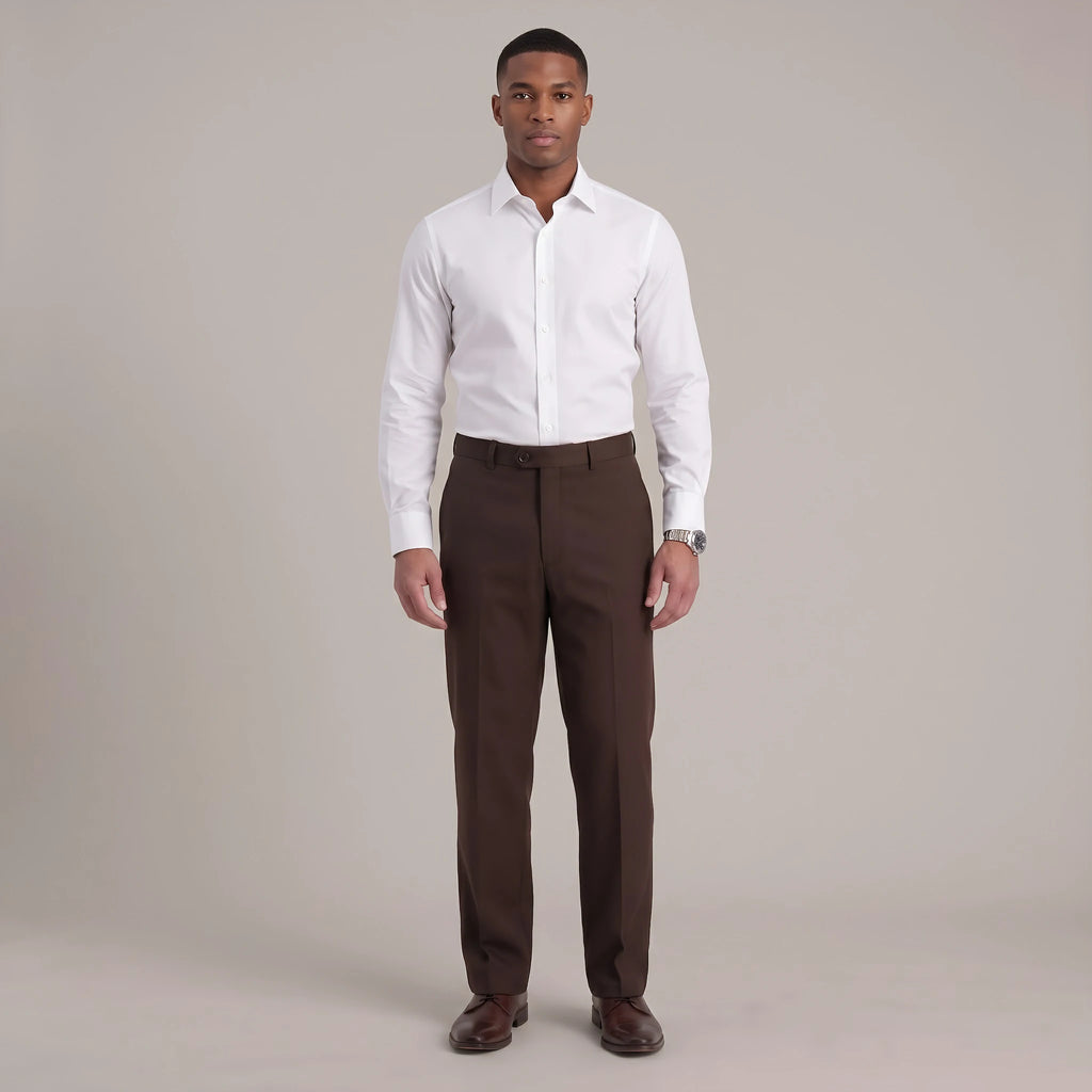 Man wearing Dexonmen men's classic fit chocolate dress pants paired with white dress shirt – office and business casual look