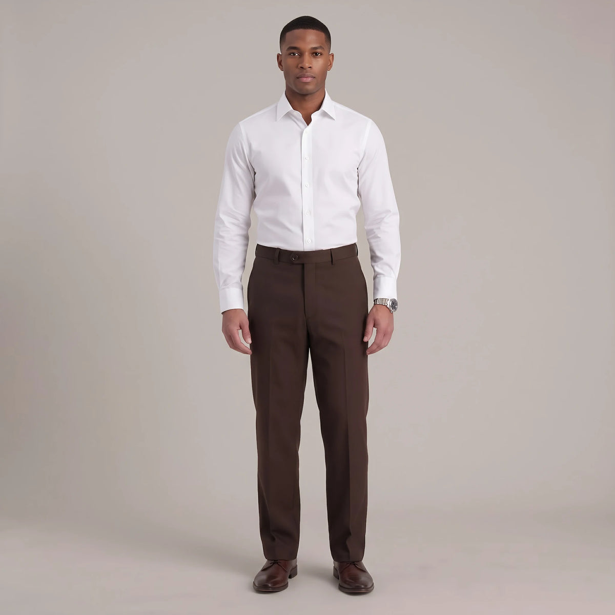 Man wearing Dexonmen men's classic fit chocolate dress pants paired with white dress shirt – office and business casual look