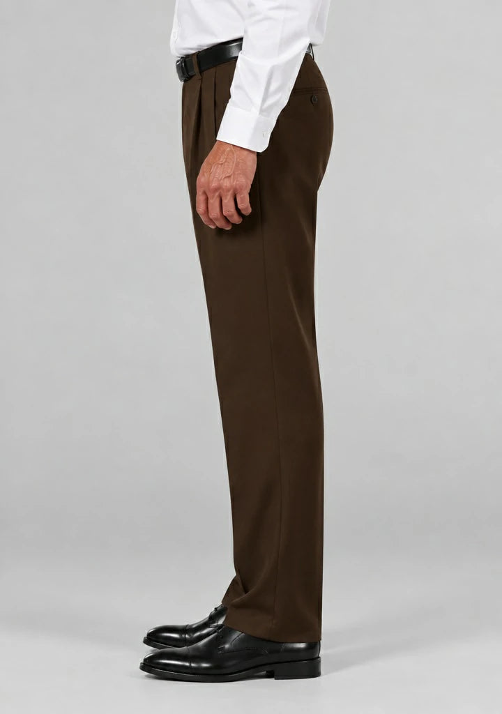 Side view of Dexonmen men's chocolate pleated dress trousers, classic fit non-stretch office pants for men