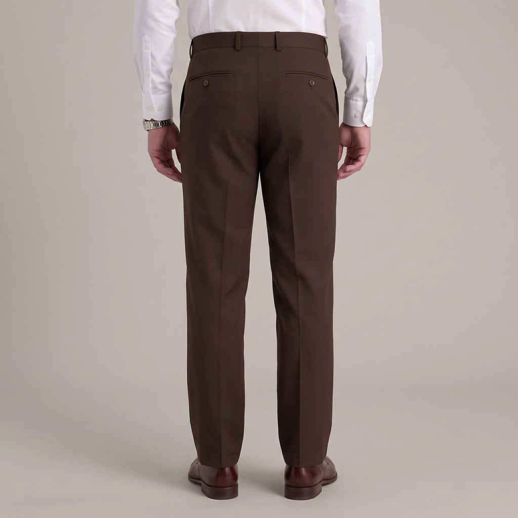 Back view of Dexonmen men's chocolate classic fit dress pants with two buttoned back pockets