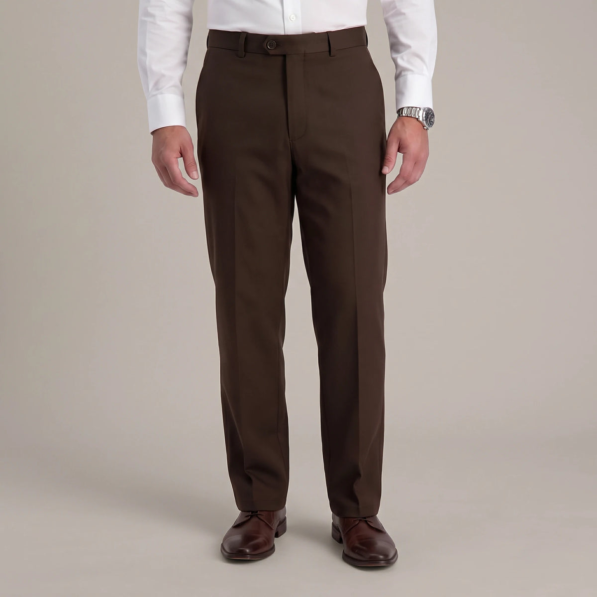 Dexonmen Men's Classic Fit Chocolate Dress Pants – front view showing flat front design and clean tailored fit