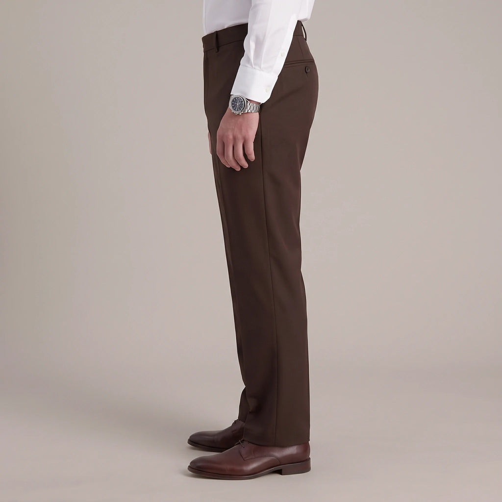 Side view of Dexonmen men's classic fit chocolate dress pants, relaxed straight leg silhouette for business and office wear