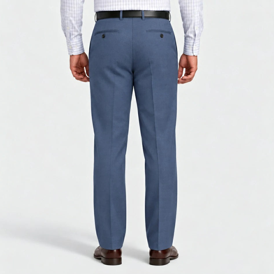 Back view of Dexonmen men's ice blue classic fit dress pants featuring two buttoned back pockets