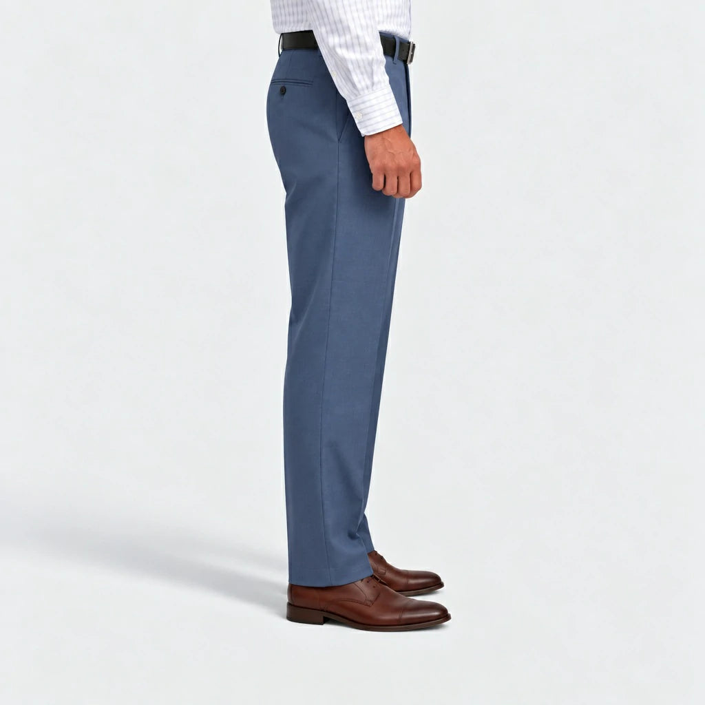 Side view of Dexonmen ice blue classic fit dress pants for men, tailored straight leg silhouette