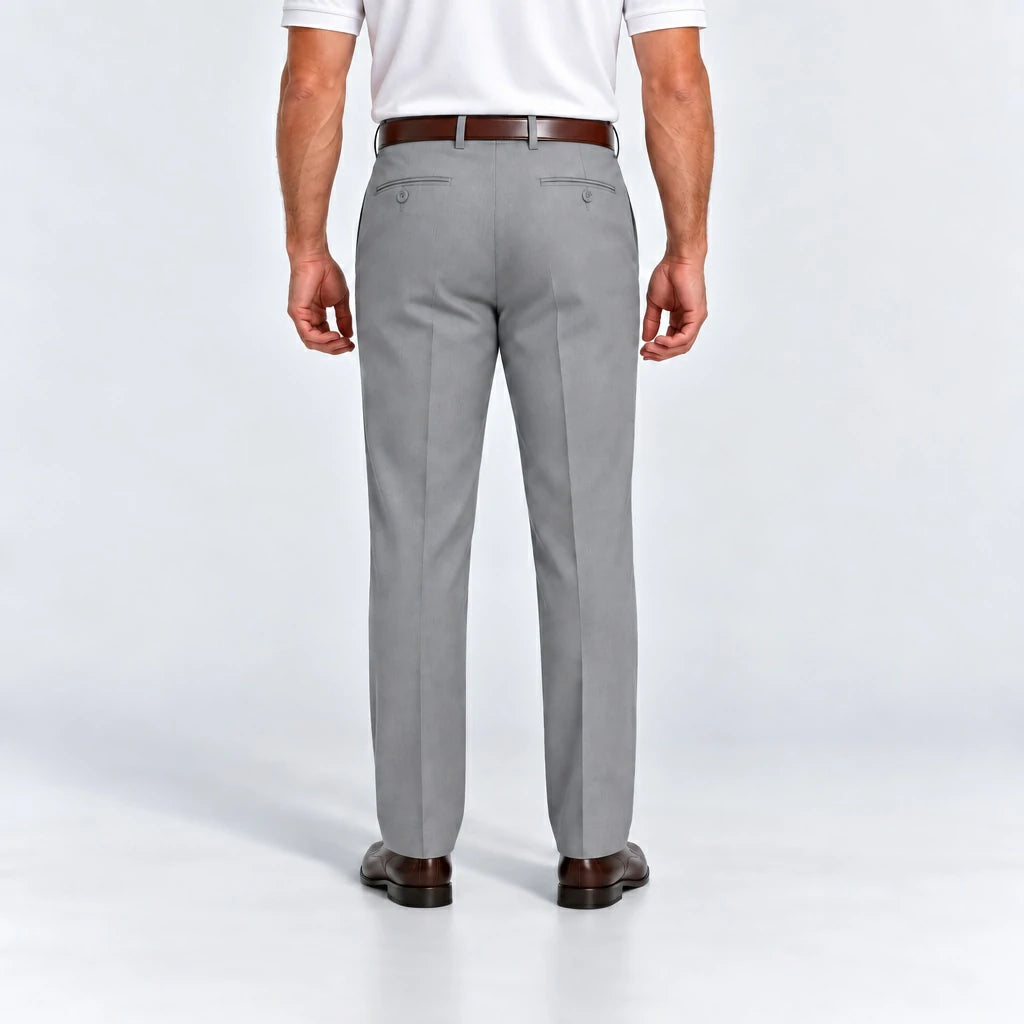 Back view of DexonMen men's light grey dress pants with classic fit and button-through back pockets