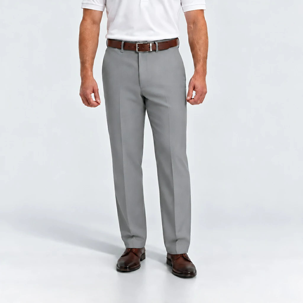DexonMen Men's Classic Fit Light Grey Dress Pants, front view with flat front design and straight leg fit