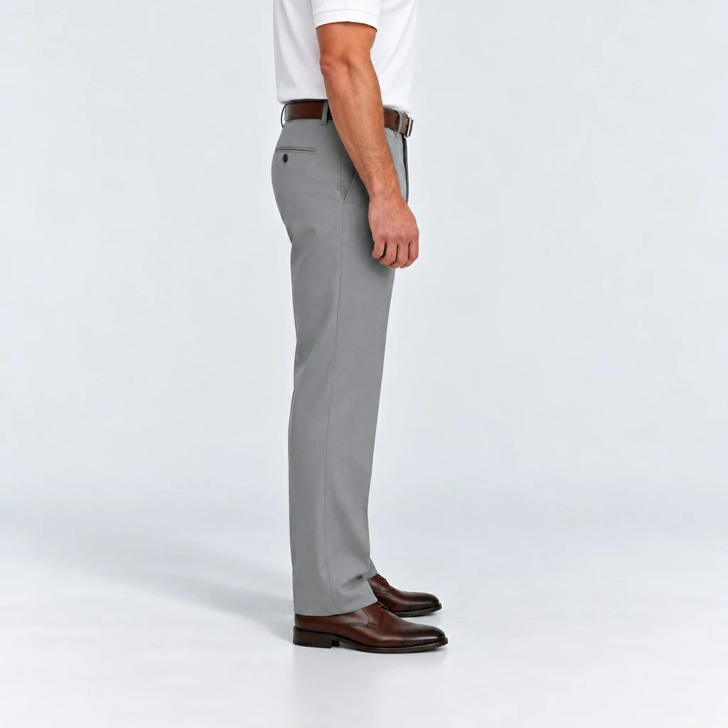 Side view of DexonMen classic fit light grey dress pants showing tailored straight leg silhouette for men