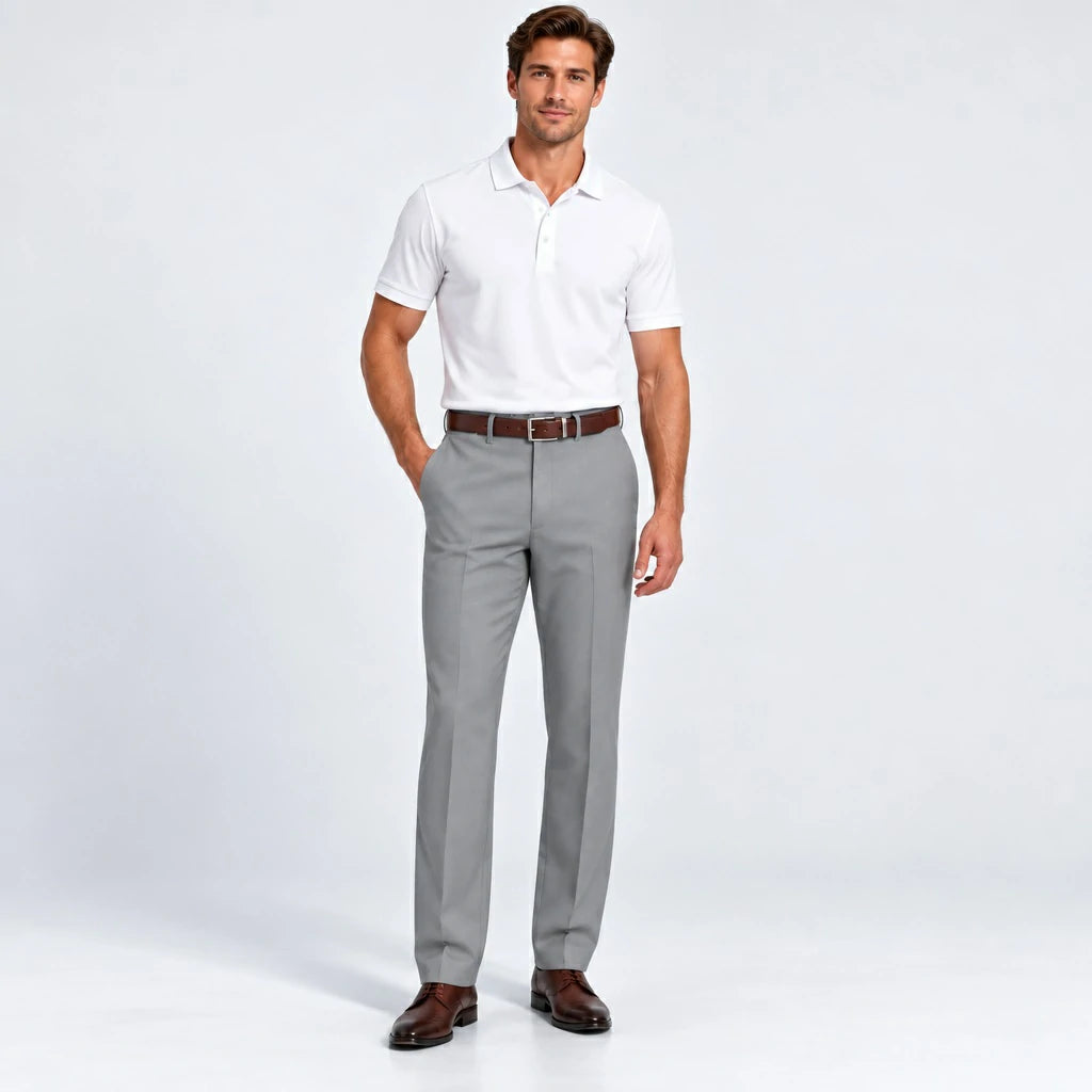 Man wearing DexonMen classic fit light grey dress pants with white polo shirt and brown belt, office casual outfit