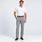 Man wearing DexonMen classic fit light grey dress pants with white polo shirt and brown belt, office casual outfit