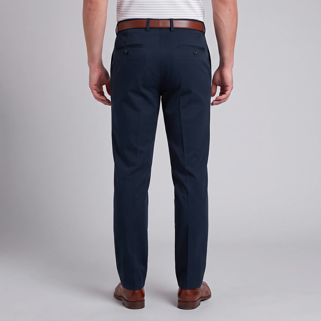 Back view of Dexonmen men's classic fit navy blue dress pants with buttoned back pockets