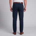 Back view of Dexonmen men's classic fit navy blue dress pants with buttoned back pockets