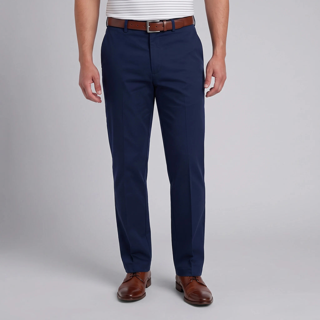 Dexonmen men's classic fit navy blue dress pants with flat front and belt loops, front view