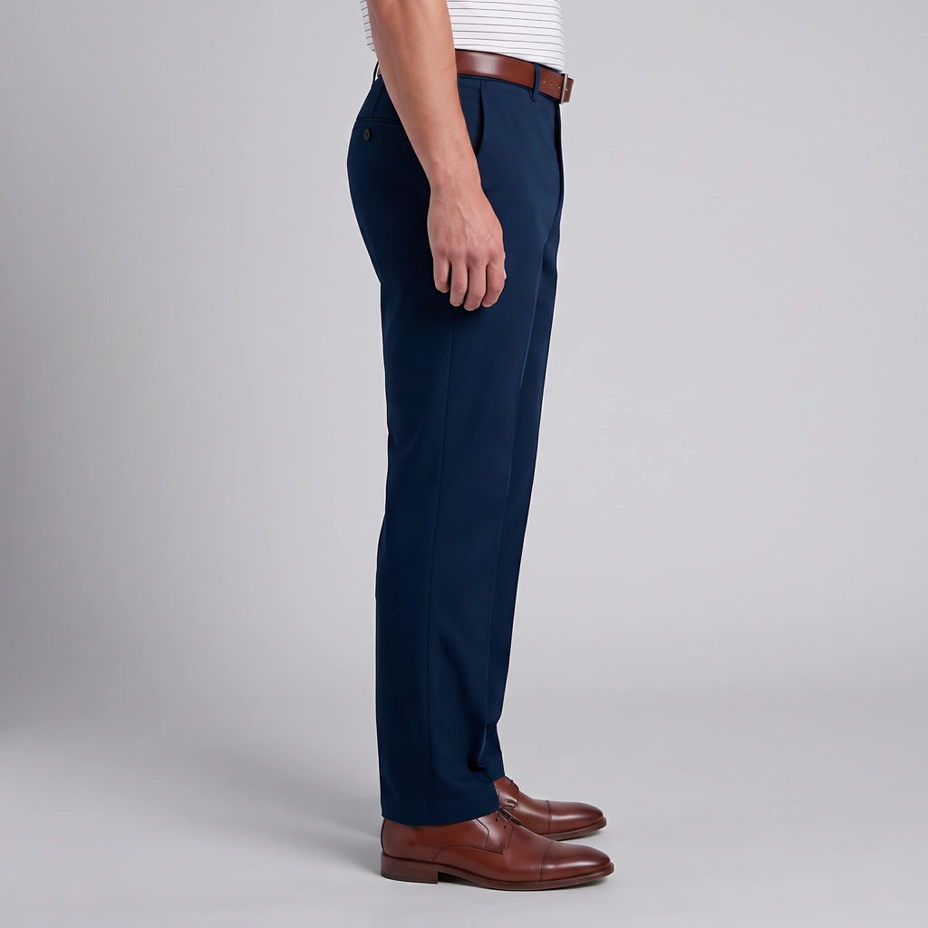 Side view of Dexonmen men's navy blue dress pants, classic fit straight leg design for office wear
