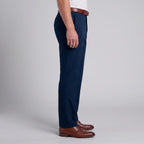 Side view of Dexonmen men's navy blue dress pants, classic fit straight leg design for office wear