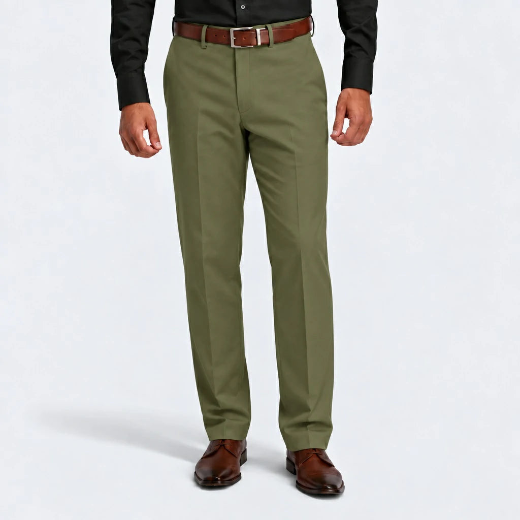 Dexonmen Men's Classic Fit Olive Dress Pants – Flat Front Straight Leg Chino Trousers for Work and Business
