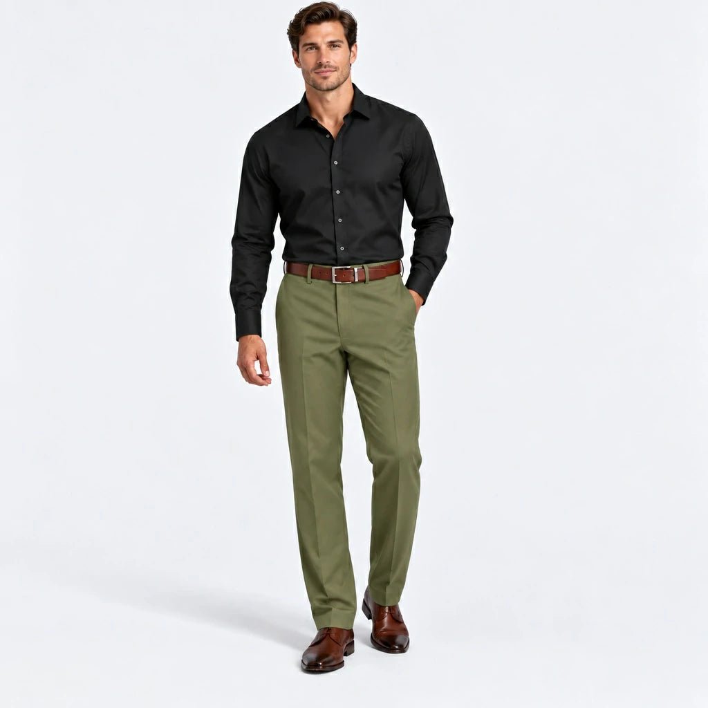 Man wearing Dexonmen Men's Classic Fit Olive Dress Pants with black dress shirt – formal business casual office outfit