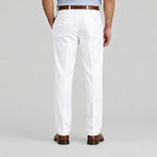 Back view of Dexonmen men's classic fit white dress pants with buttoned back pockets and tailored seat