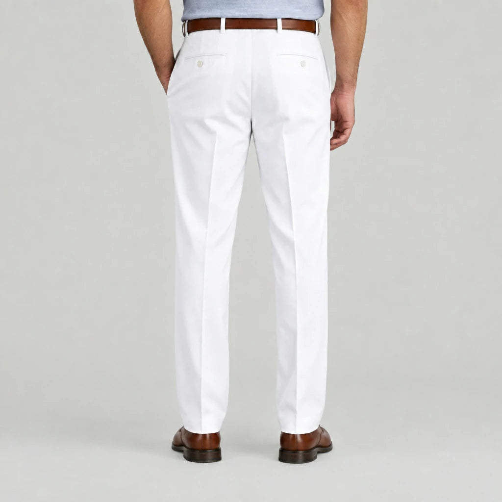 Back view of Dexonmen men's classic fit white dress pants with buttoned back pockets and tailored seat