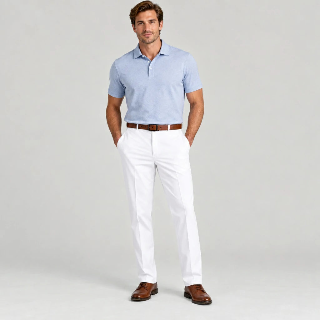 Man wearing Dexonmen men's classic fit white dress pants styled with light blue polo and brown belt for office or formal wear