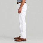 Side view of Dexonmen men's classic fit white dress pants showing straight leg drape and professional fit