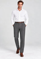 Man wearing Dexonmen men's dark grey pleated dress pants with white dress shirt, classic fit business casual office look