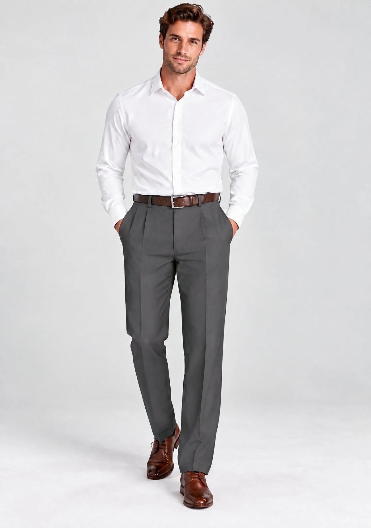 Man wearing Dexonmen men's dark grey pleated dress pants with white dress shirt, classic fit business casual office look