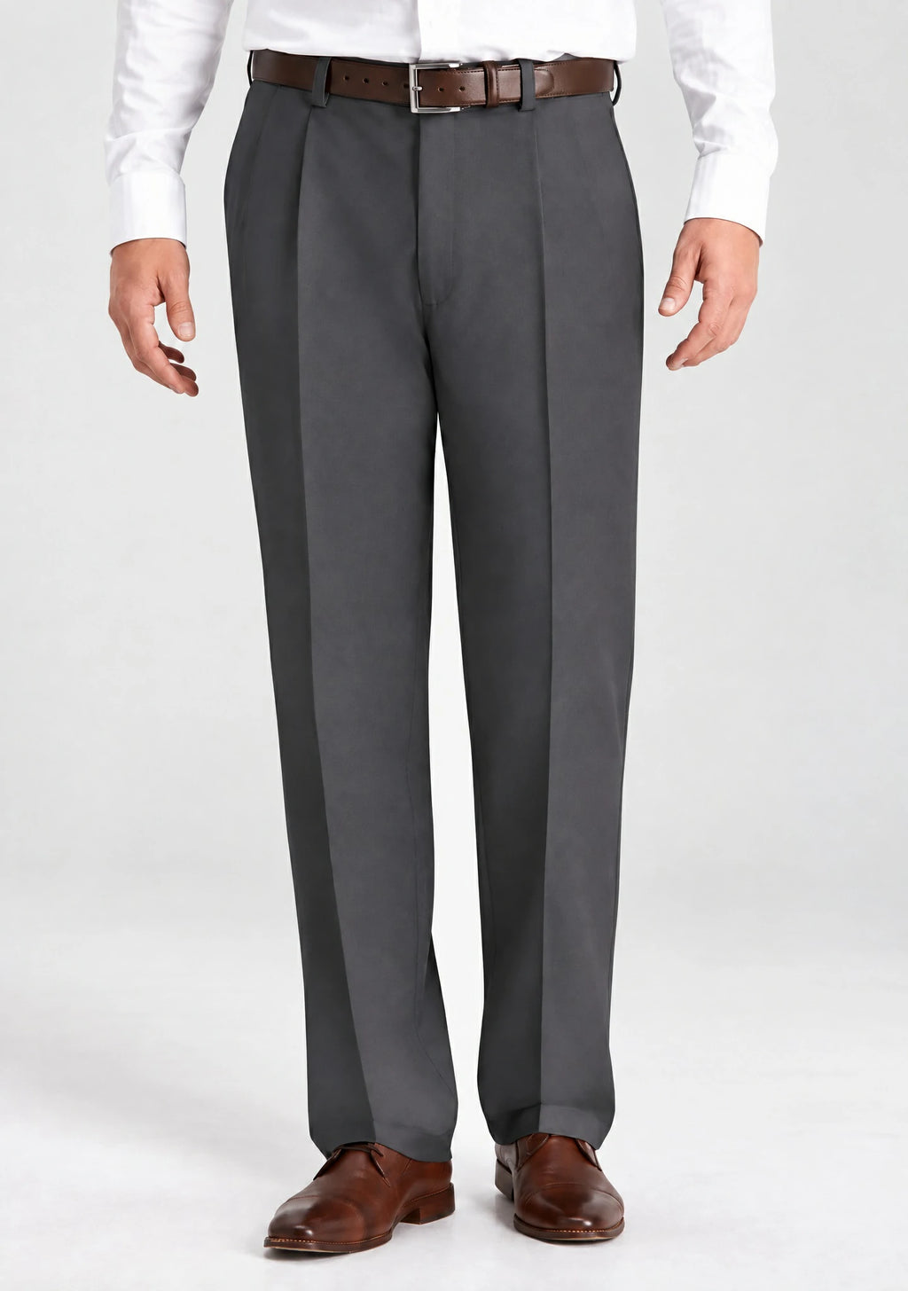 Dexonmen men's dark grey pleated dress pants with hidden expandable waistband, classic fit non-stretch trousers, front view
