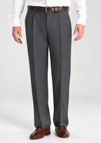 Dexonmen men's dark grey pleated dress pants with hidden expandable waistband, classic fit non-stretch trousers, front view