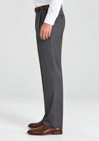 Side view of Dexonmen men's dark grey pleated dress trousers, classic fit non-stretch office work pants for men