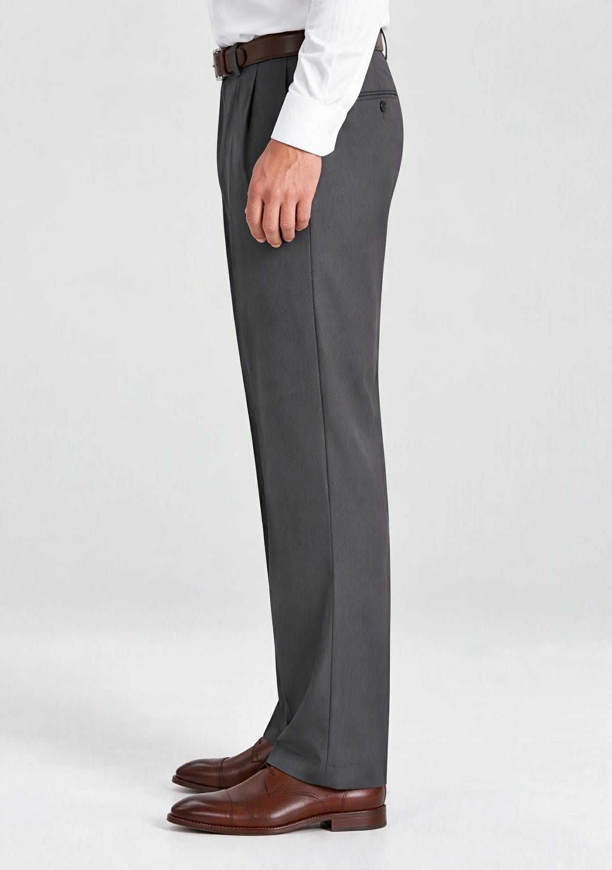 Side view of Dexonmen men's dark grey pleated dress trousers, classic fit non-stretch office work pants for men