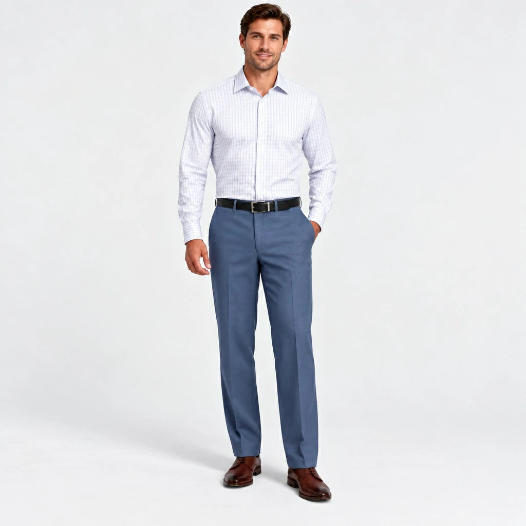 Dexonmen men's ice blue classic fit dress pants styled with a dress shirt for formal and business office wear