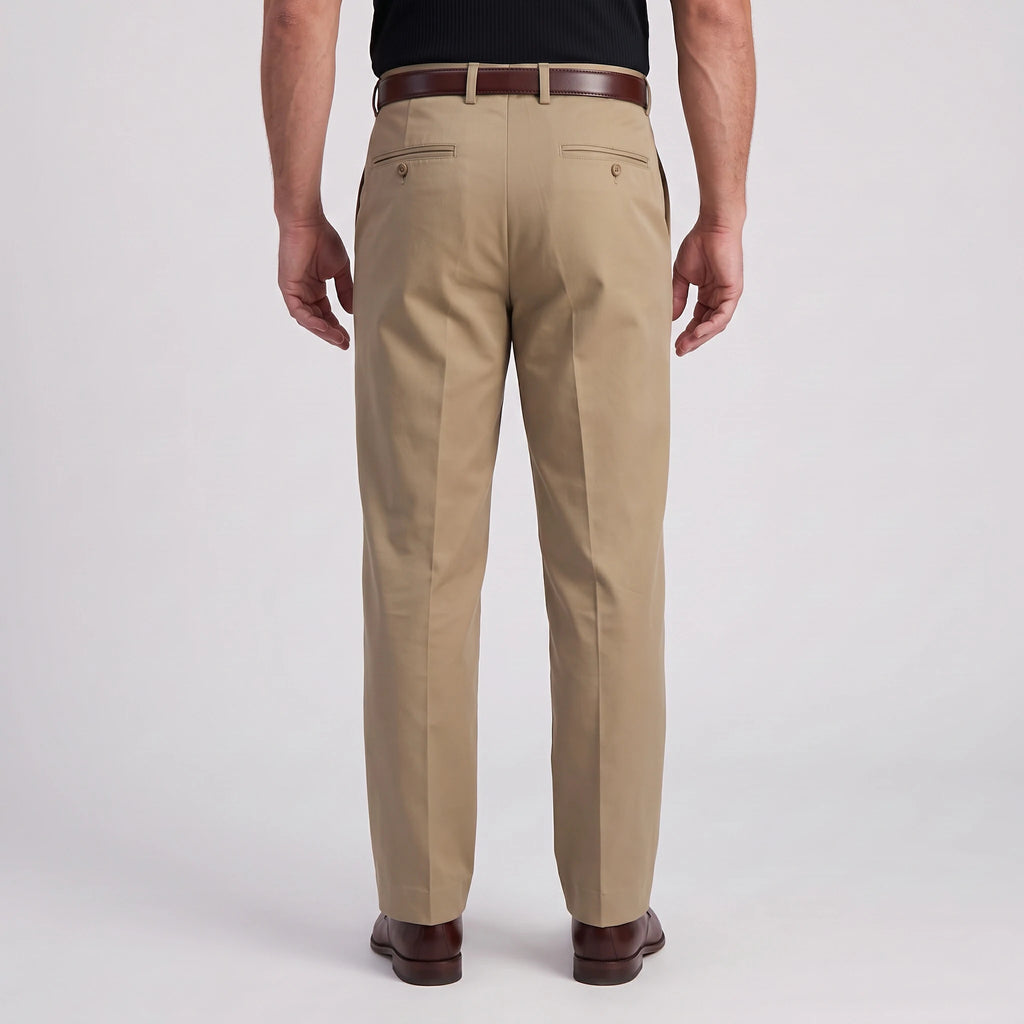 Back view of men's khaki dress pants with buttoned welt pockets and belt loops, classic work trousers for men