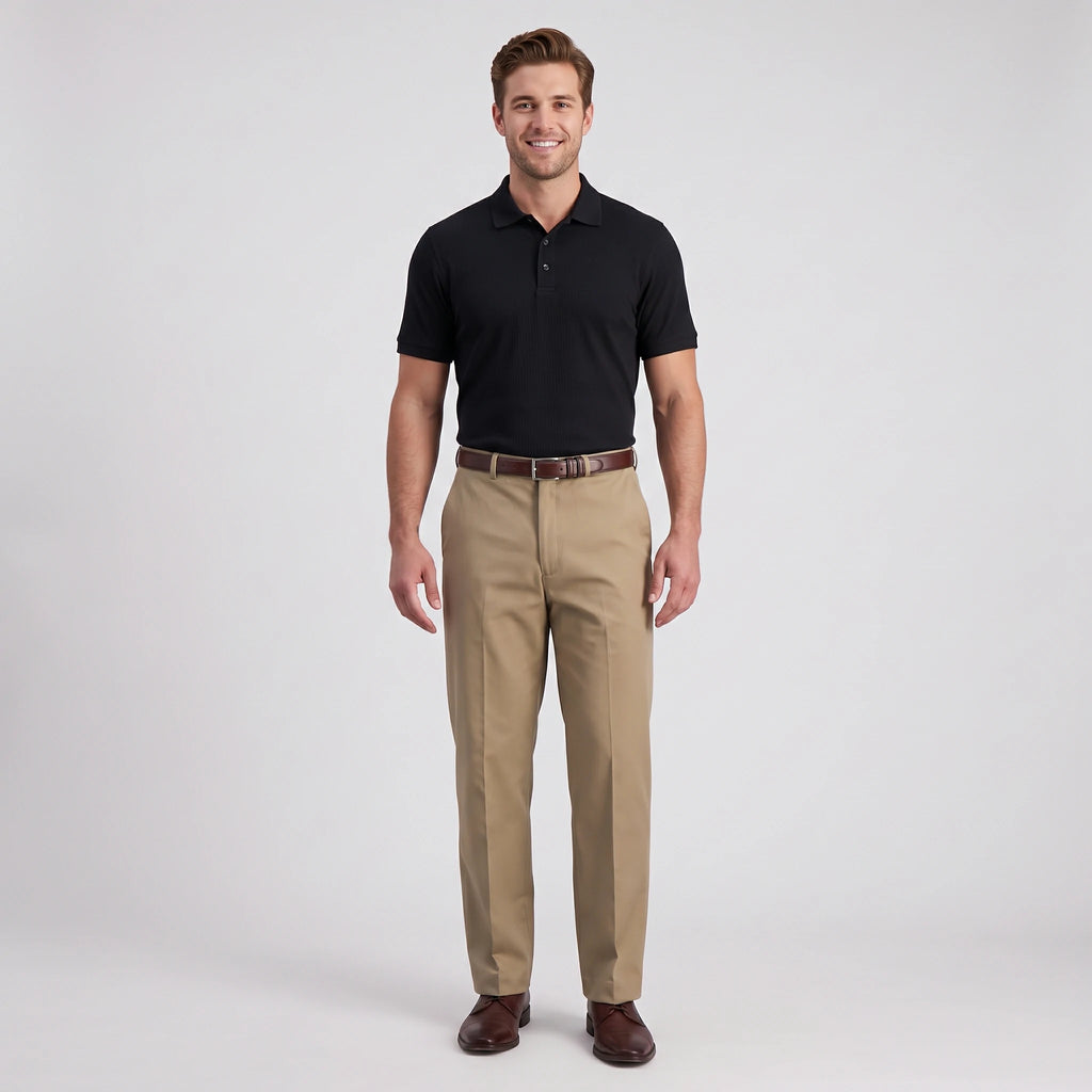 Man wearing khaki dress pants with black polo shirt and brown dress shoes, men's business casual outfit idea