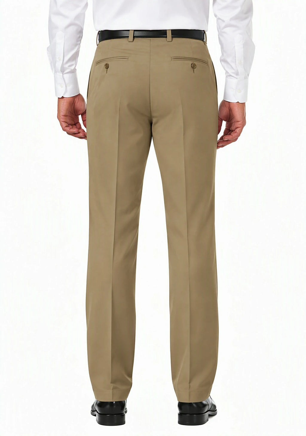 Back view of Dexonmen men's khaki classic fit dress pants, pleated business trousers with button welt pockets