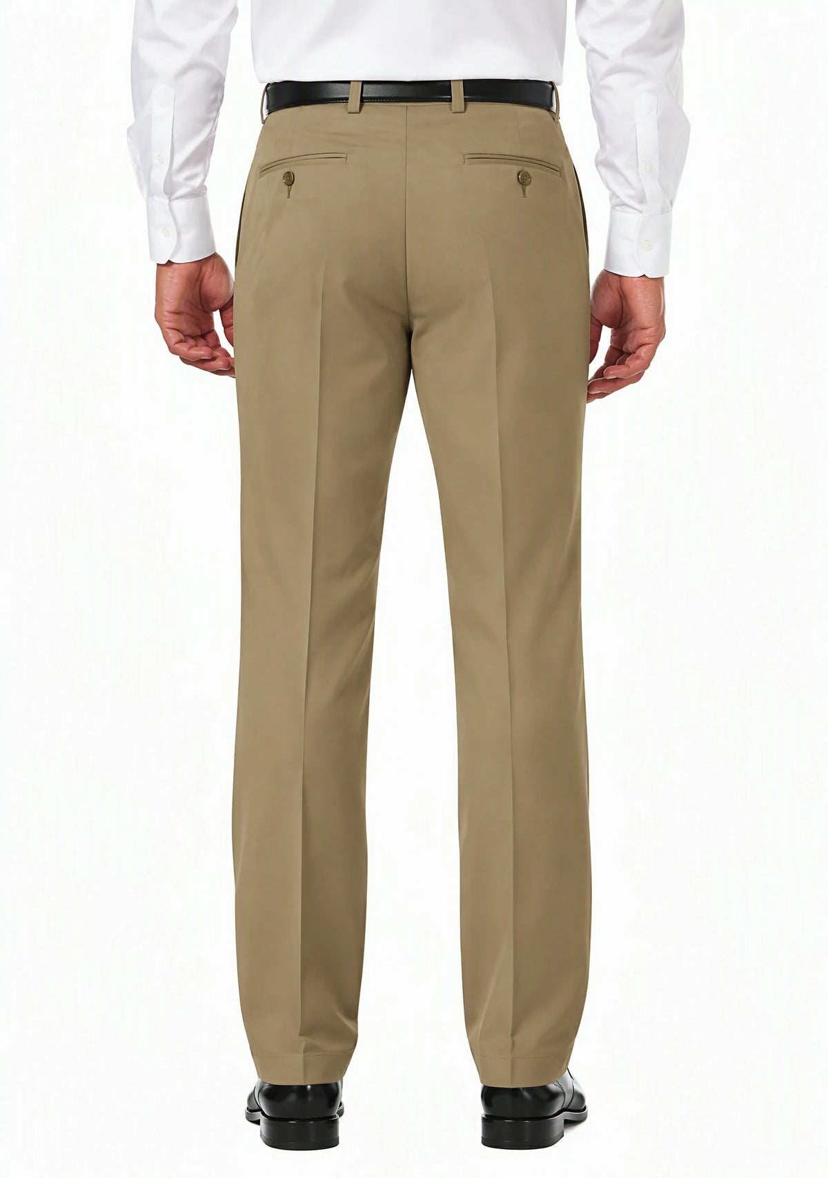 Back view of Dexonmen men's khaki classic fit dress pants, pleated business trousers with button welt pockets