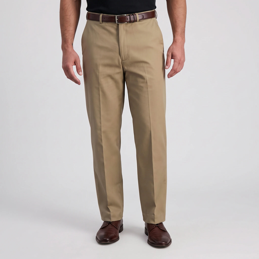 Dexonmen men's khaki dress pants with flat front and classic straight fit, paired with brown leather belt