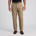 Dexonmen men's khaki dress pants with flat front and classic straight fit, paired with brown leather belt