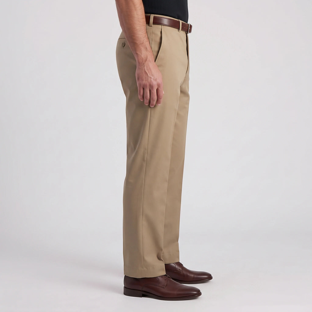 Side view of men's khaki dress pants, straight leg silhouette for office and business casual wear
