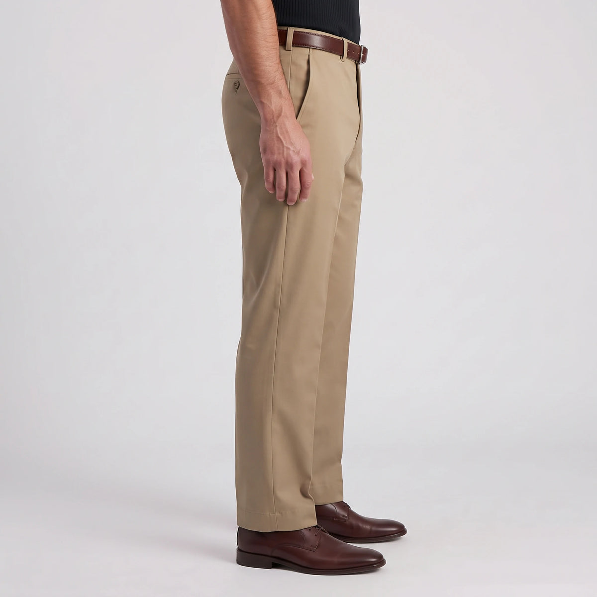 Side view of men's khaki dress pants, straight leg silhouette for office and business casual wear