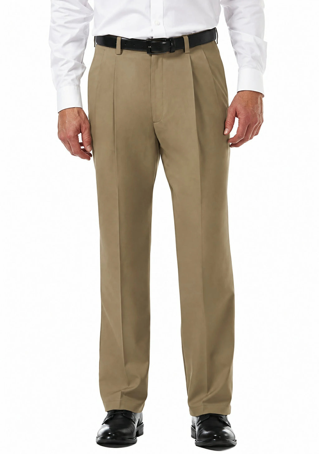 Dexonmen men's khaki pleated dress pants with hidden expandable waistband, classic fit non-stretch trousers, front view