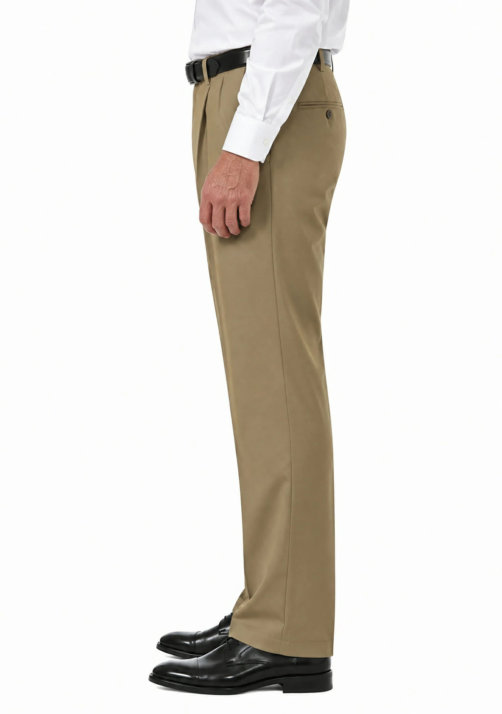 Side view of Dexonmen men's khaki pleated dress trousers, classic fit non-stretch office pants for men