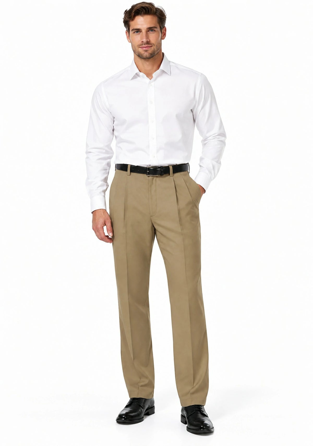 Man wearing Dexonmen men's khaki tan pleated dress pants with white dress shirt, classic fit business casual office look