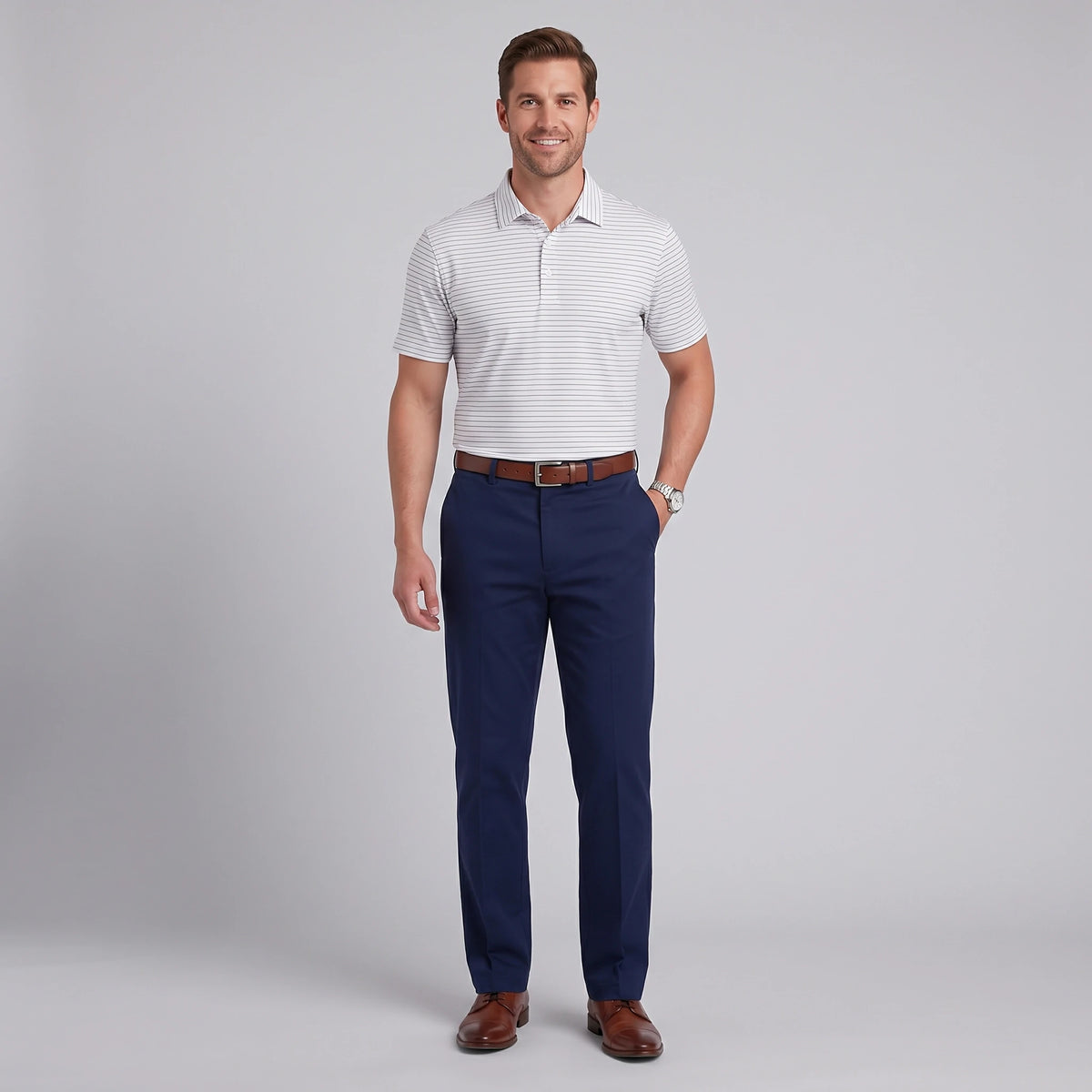Man wearing Dexonmen men's navy blue dress pants with striped polo shirt, classic fit business casual outfit