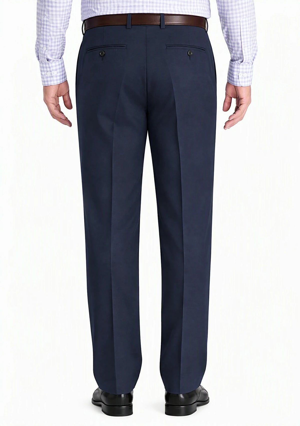 Back view of Dexonmen men's navy blue classic fit dress slacks, pleated business trousers with button welt pockets