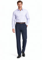Man wearing Dexonmen men's navy blue pleated dress pants with checkered dress shirt, classic fit business office look