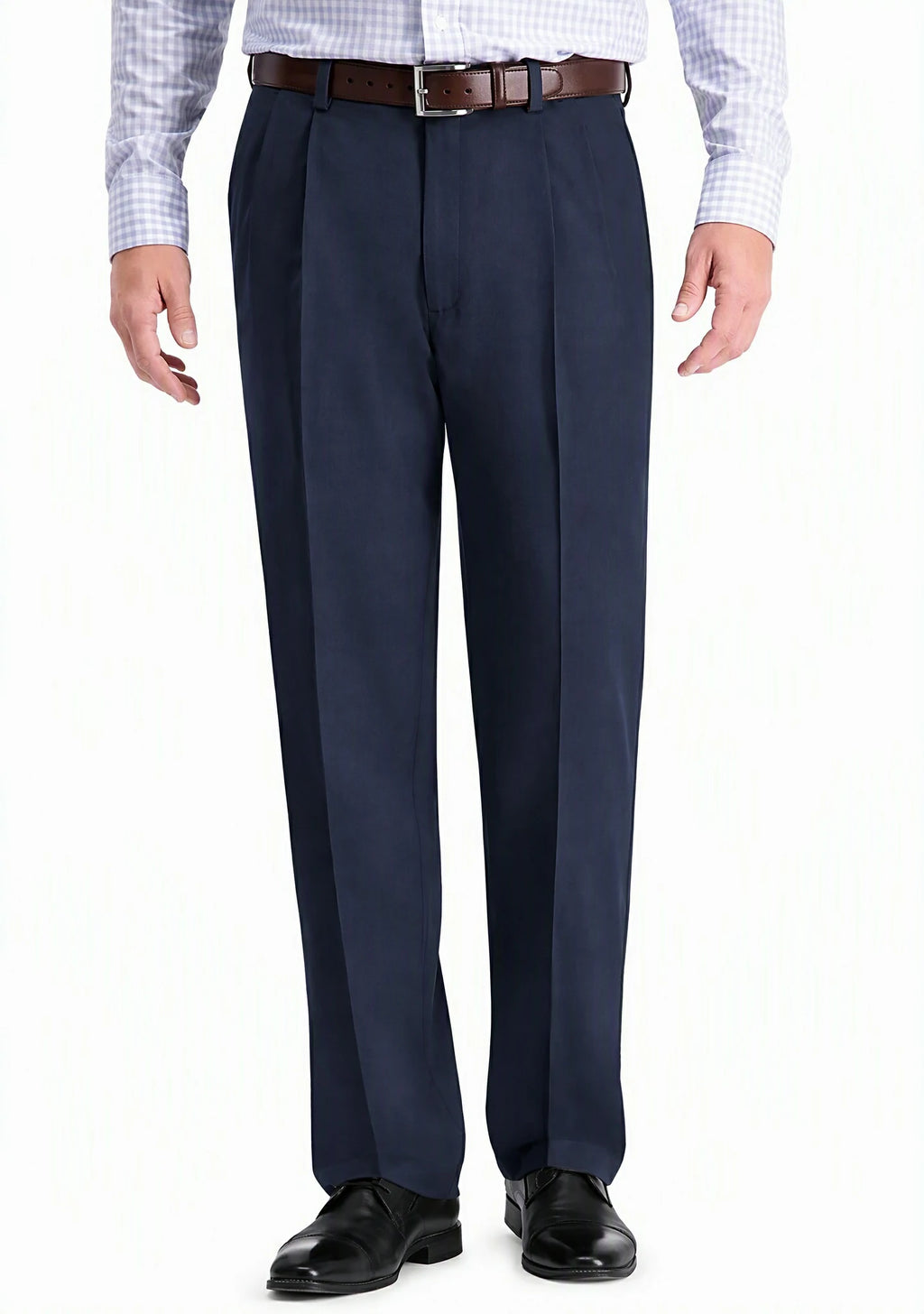 Dexonmen men's navy blue pleated dress pants with hidden expandable waistband, classic fit non-stretch trousers, front view