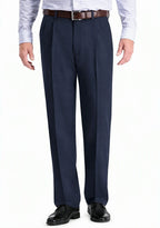 Dexonmen men's navy blue pleated dress pants with hidden expandable waistband, classic fit non-stretch trousers, front view