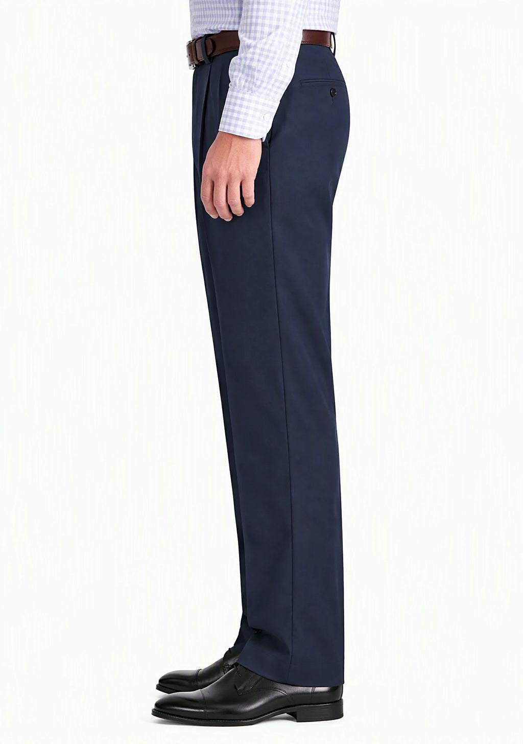 Side view of Dexonmen men's navy pleated dress trousers, classic fit non-stretch office pants for men