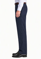Side view of Dexonmen men's navy pleated dress trousers, classic fit non-stretch office pants for men