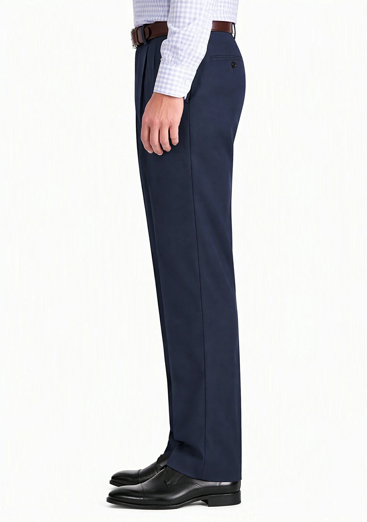 Side view of Dexonmen men's navy pleated dress trousers, classic fit non-stretch office pants for men